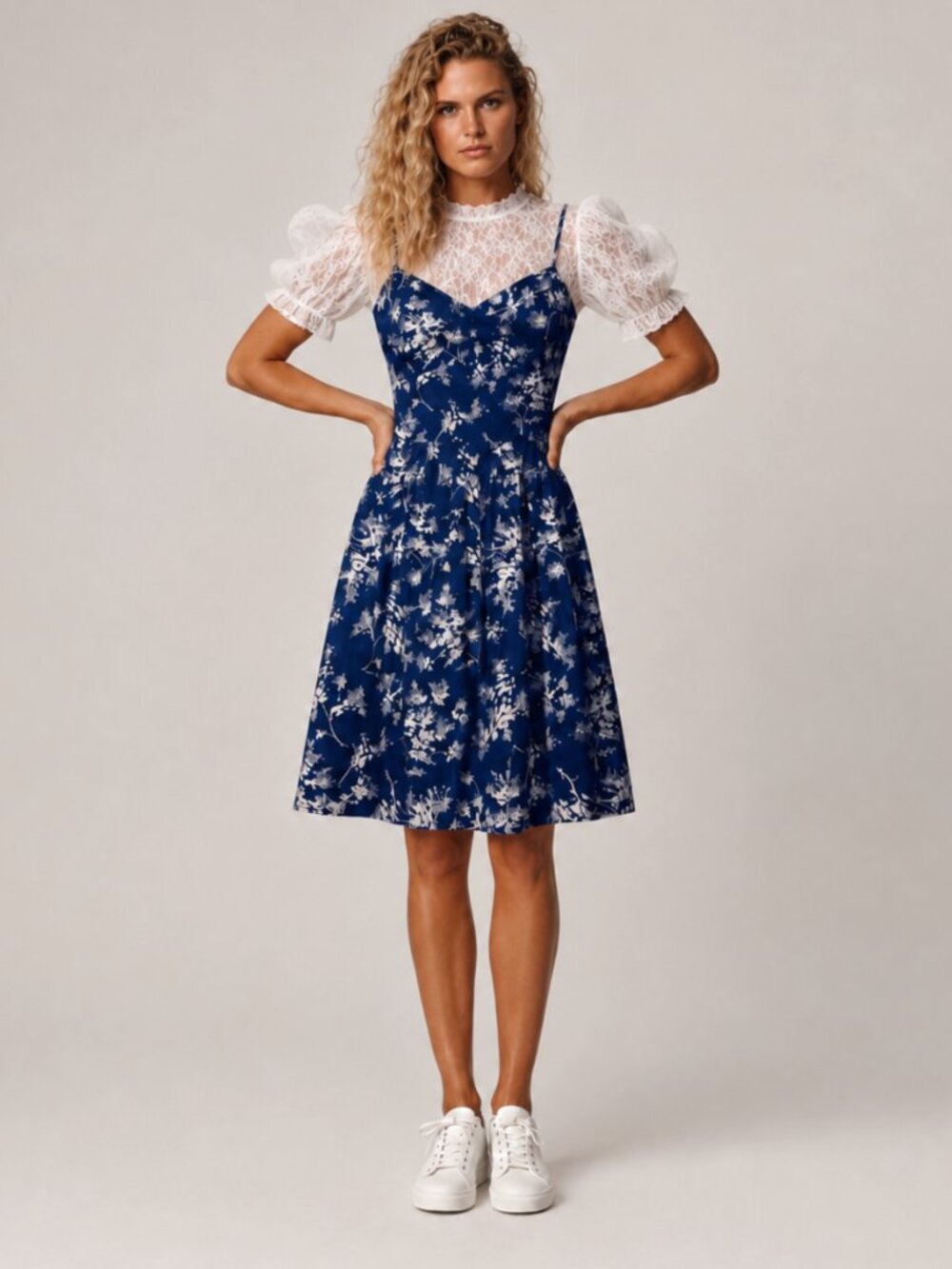 Cotton Fit & Flare Lined Floral Blue Midi Dress Y2K Brunch Garden Party